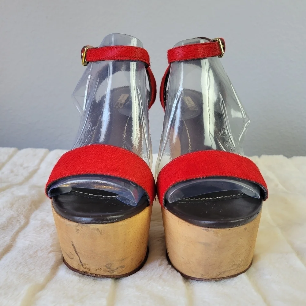 REPORT SIGNATURE // red calf hair upper wooden platform ankle strap block heels